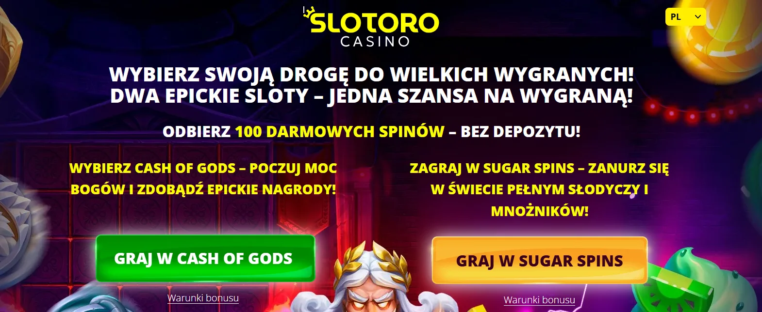 Slotoro bonus 100 darmowych spinów bez depozytu na dwóch automatach